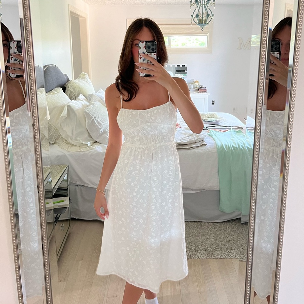 Floral stitched white midi dress